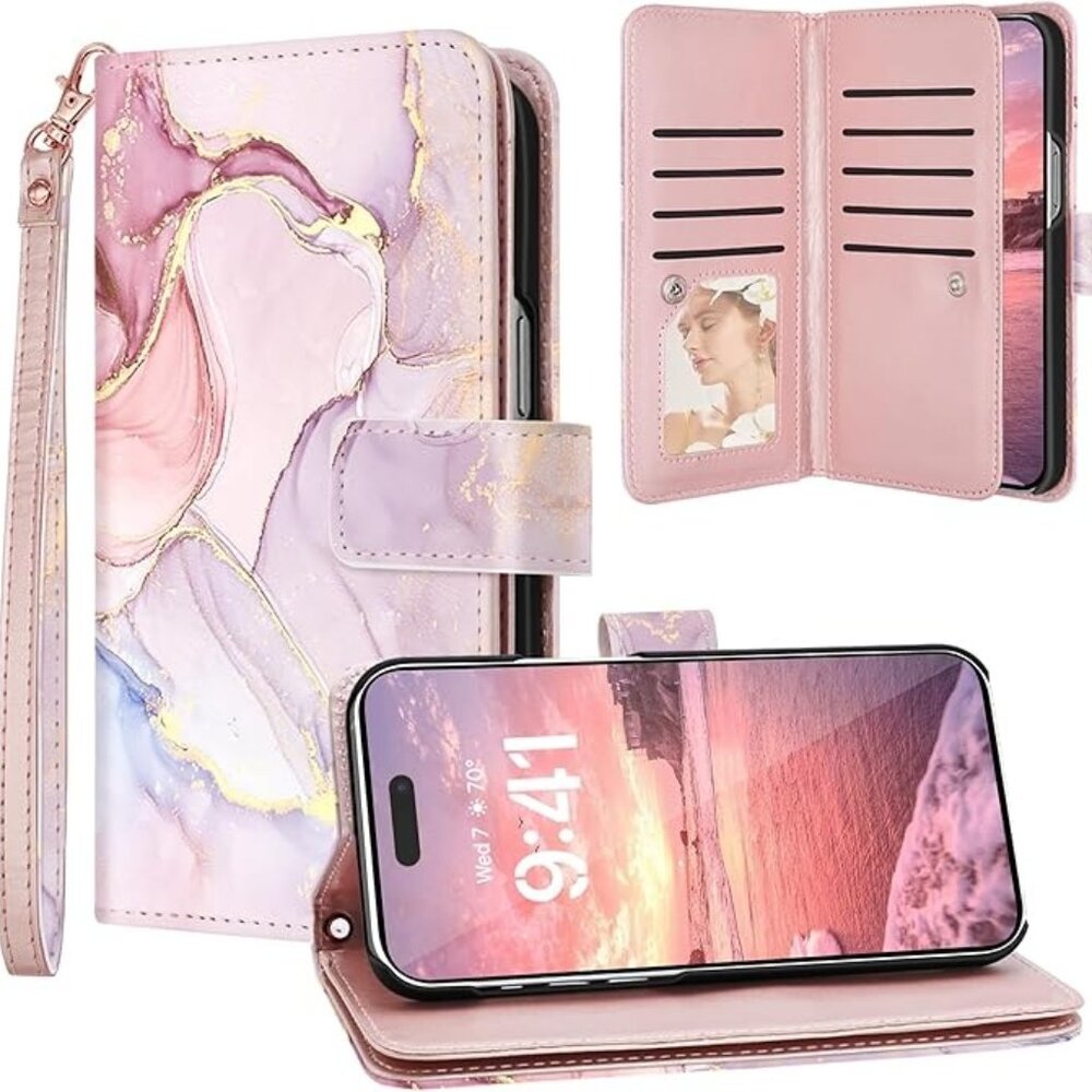 Iphone 15 I6 Pro Max Rose Gold Marble Wallet 9 Card Holder Kickstand Case